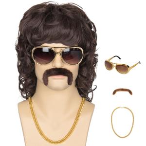 Miss U Hair Men's Brown 70s 80s Disco Mullet Wig for Halloween Party Long Curly Brown Wig for Men with Necklace Glasses