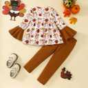 Thanksgiving Girl Outfit Cute Bow Dress Top + Turkey Leggings Fall Clothes 3-8 Years (6-7 Years, Light Brown)