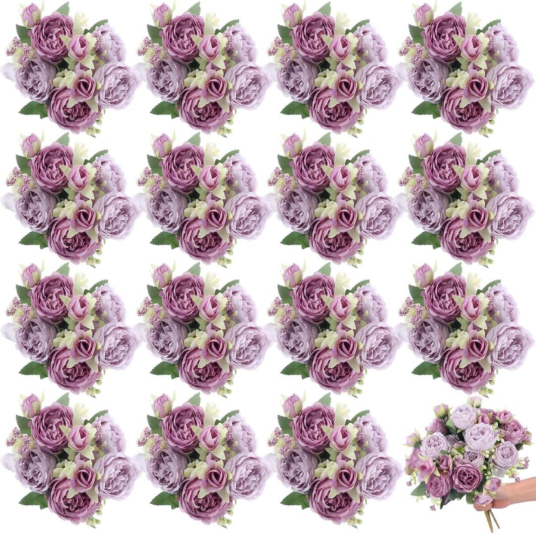 16 Bundles Artificial Peonies Silk Peonies Faux Flower Bouquet Fake Peony Flower Arrangements Table Centerpieces for Vase Wedding Party Boho Home Office Decoration Bulk (Purple)