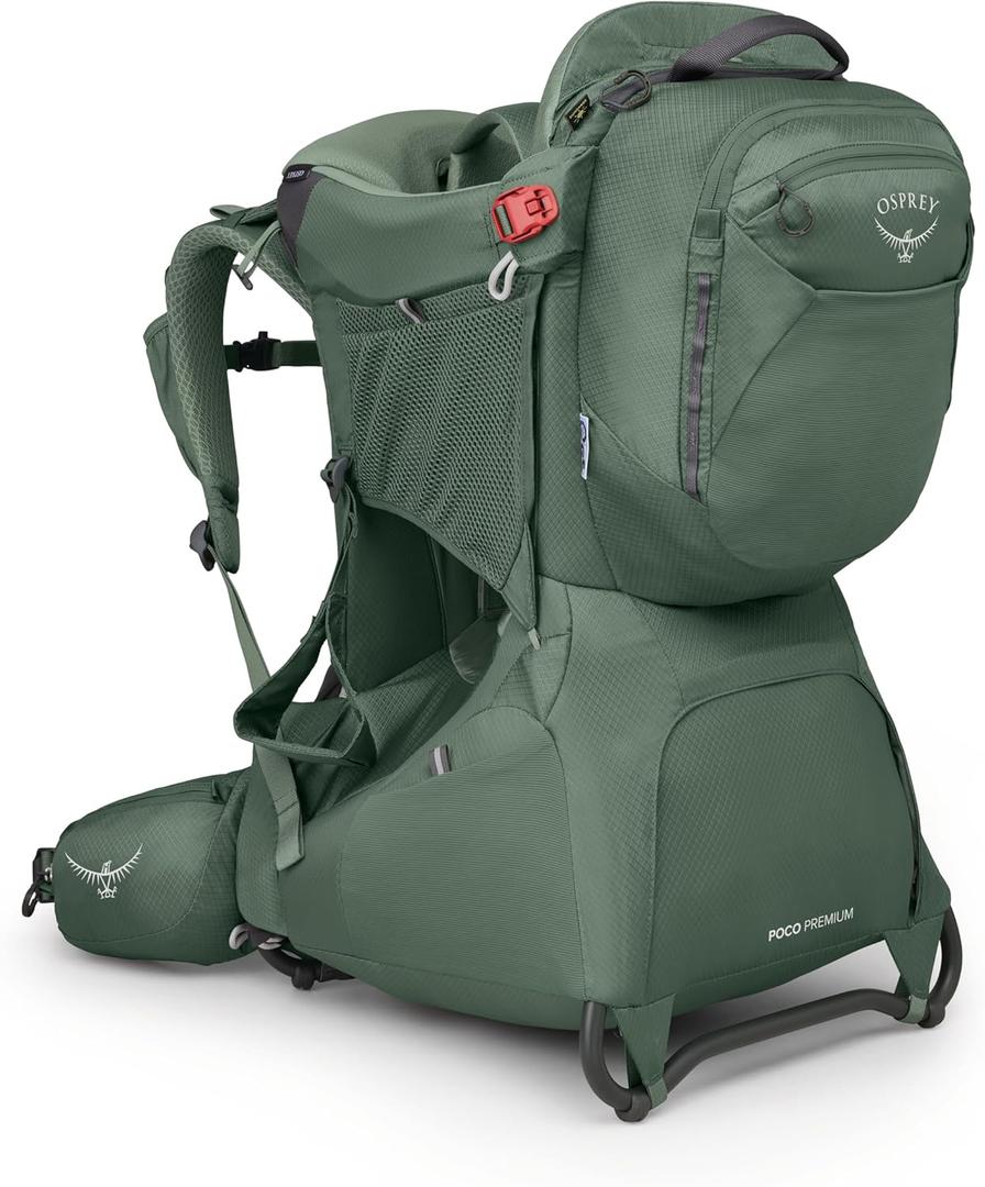 Osprey Poco Premium Child Carrier Backpack - Deluxe Kid Carrier for Hiking with Built-in Sunshade, Removable Daypack, and Adjustable Fit - Premium Comfort for Parent and Child (Koseret Green)