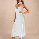 Women's Polka Dots Tie Backless Spaghetti Strap Maxi Dresses | Deep V Neck, Scarf, Vacation, Summer, Party, Flowy (White, L)