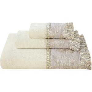 Loom and Mill Luxury Cotton Bath Towel Set 3 Piece-1 Bath Towel 1 Hand Towel 1 Wash Cloth, Ultra Soft Decorative Towel Sets High Absorbent for Bathroom, Elegant Jacquard Design(Ivory-Beige Sliver)