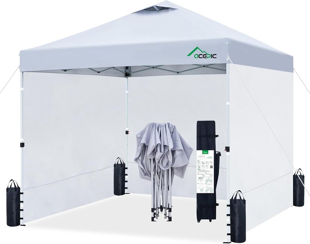 Acepic 10x10 Pop Up Canopy Tent with 3 Removable Sidewalls, 1-Person Setup Pop Up Canopy Tent with 1-Button Push and Wheel Carry Bag, Bonus 8 Stakes and 4 Upgraded Heavy Duty Canopy Weights