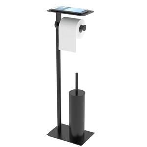 WZKALY Toilet Paper Holder Stand, Free Standing Toilet Paper Holder with Shelf for Bathroom, Stainless Steel Matte Black Toilet Tissue Holder with Brush and Holder Set, Weighted Base
