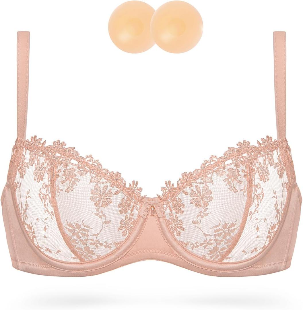 Wingslove Women's Sexy Lace Bra Demi Sheer Mesh Balconette See Through Bralette Unlined Underwire Embroidered (Pink Nude,38C)