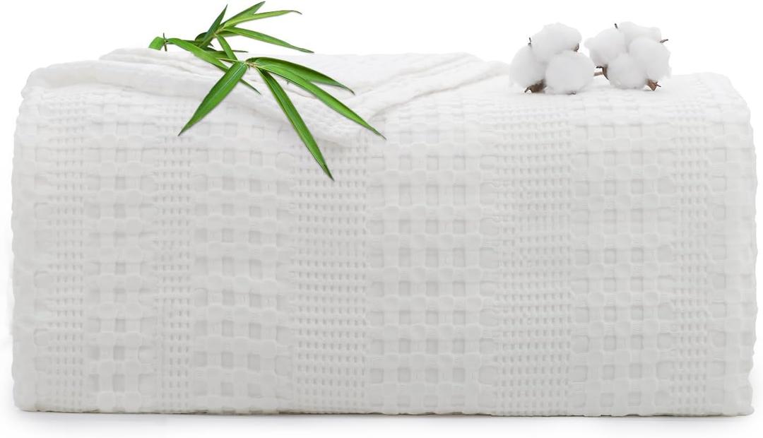 Cooling Cotton Waffle Blanket Queen Size for Bed - Lightweight Breathable Throw Blankets of 50% Rayon Derived from Bamboo for Hot Sleepers, Soft Summer Blanket, White, 90"x90"