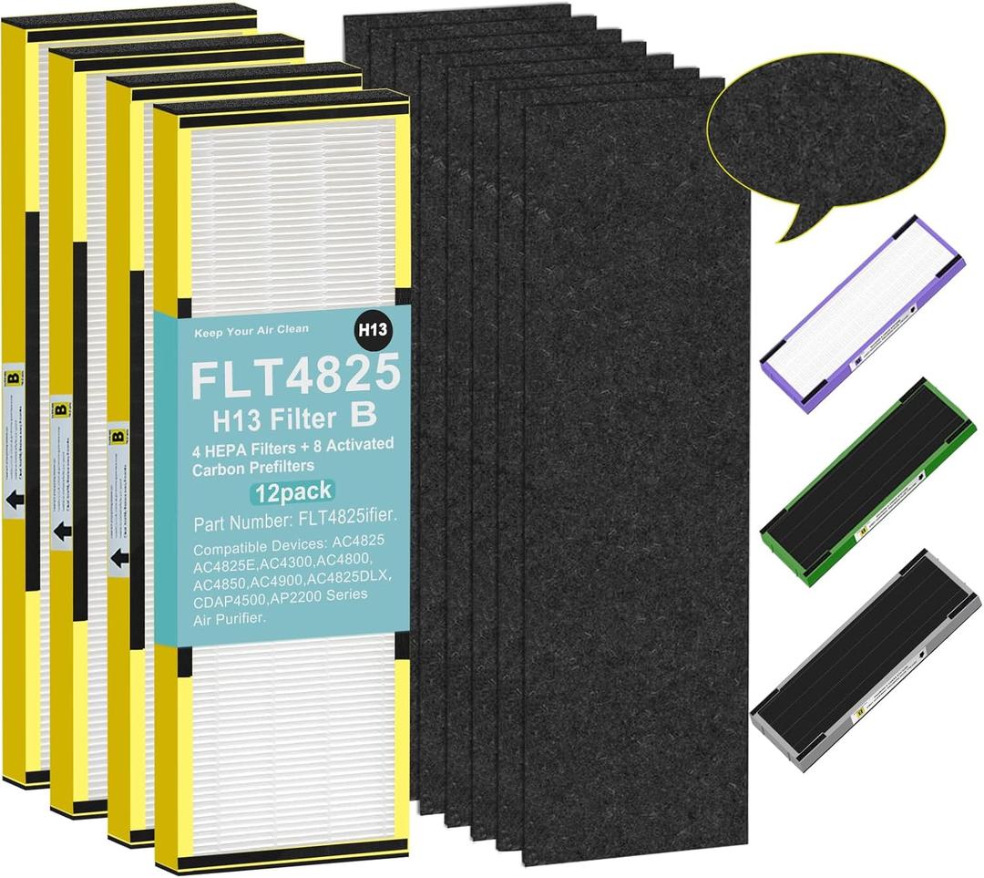 Upgraded FLT4825 HEPA Filter B Replacement for GermGuardian filter replacement AC4825E AC4300 AC4900 | 4 True H13 HEPA Filters + 8 Carbon Pre-Filters | 99.97% Allergen Removal, Easy Install.