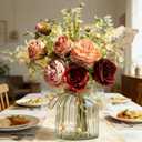 LESING Fake Artificial Flowers with Vase Faux Silk Flower Bouquet in Glass Vase Rose Floral Arrangements Flower for Home Office Decoration, Dining Table Centerpiece (Red)