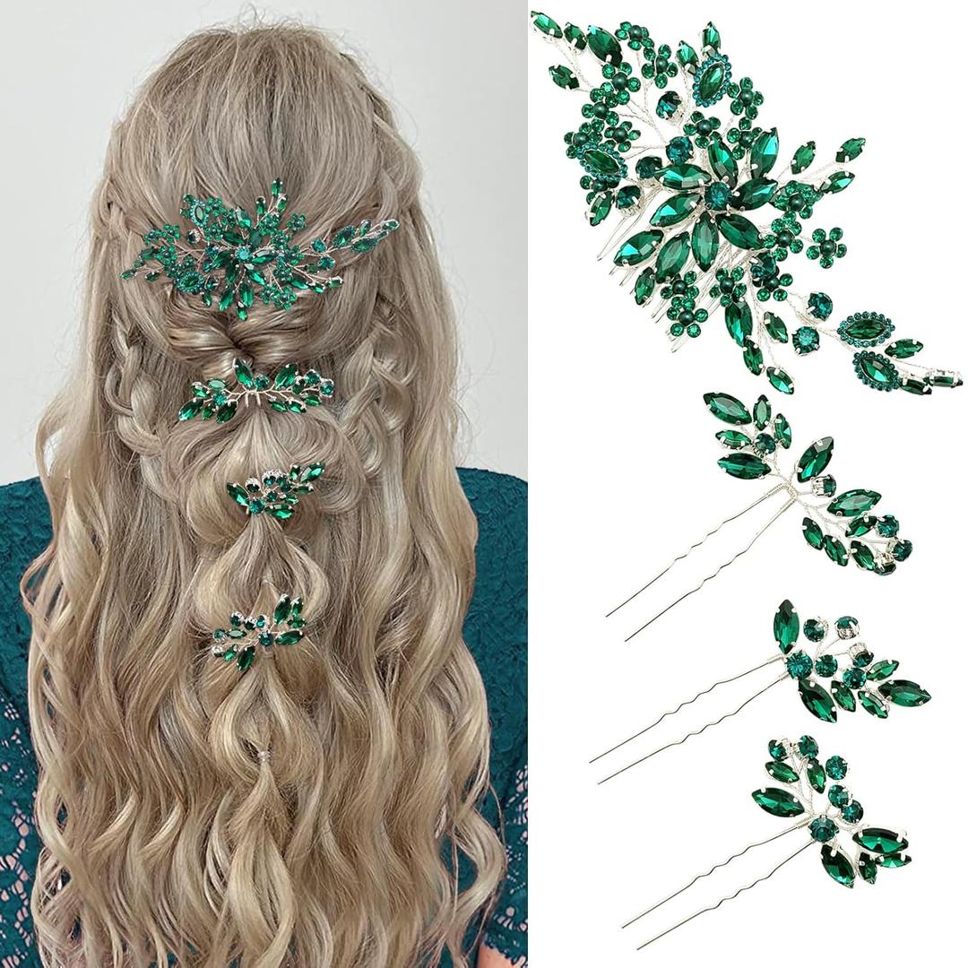 Crystal Wedding Hair Accessories 4pcs Bridal Rhinestone Flower Hair Side Combs Pins Pieces for Women Girls (Green)