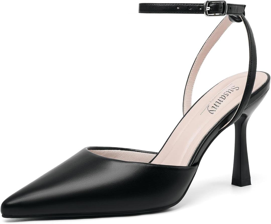 Susanny Black Heels for Women Stiletto Closed Pointed Toe Backless Dress Shoes High Heels Sexy Kitten Pumps Wedding Guest Party Dance Prom Club Ankle Strappy Dressy Comfort Shoes 9