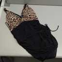 Edelqual Women One Piece Swimsuit Tummy Control Swim Dress Bathing Suit Mesh Sheer Slimming Sarong Wrap Sexy Swimswear (Large, Black With Leopard Print)