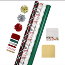 LaRibbons Christmas Wrapping Paper Sets, Classic Reindeer & Plaid Design With Ribbons & Gift Tags & Metallic Pom Pom, Perfect for Xmas, Holiday Party, 30Inch × 10Feet（ 4 Rolls: 100 Sq.Ft.Ttl）
