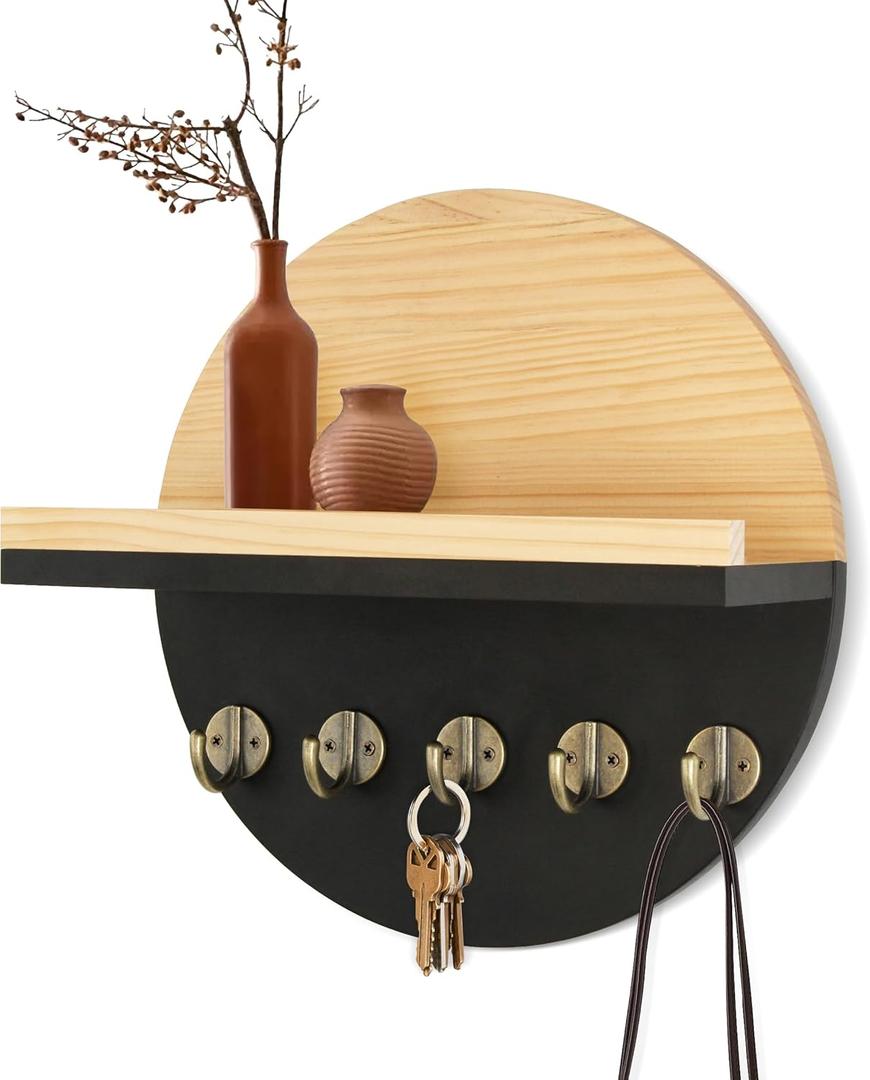 Key Holder for Wall with Shelf - Wood Mail Organizer and Rack with Shelf Hooks Wall Mounted for Entryway Decor Magazines Letter Storage Farmhouse Living Room Bedroom Doorway Black