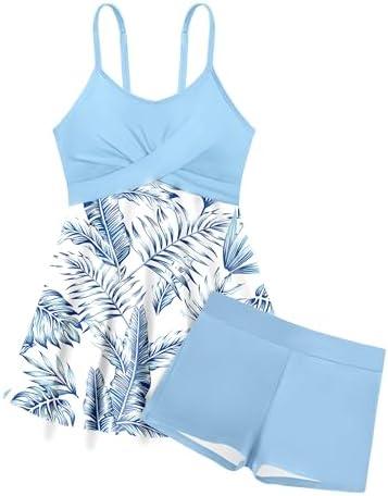 Girls Swimsuits Criss Cross Tropical Print Mesh Dress Bathing Suits with Shorts 2 Piece Tankini for Teens, 11-12Y