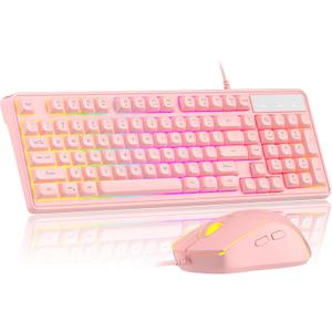 Pink Creamy Keyboard and Mouse Combo,MageGee GK980 Wired RGB Backlit Keyboard and Pink Gaming Mouse Combo,PC Keyboard and Adjustable Sensitivity Mouse for PC/loptop/MAC