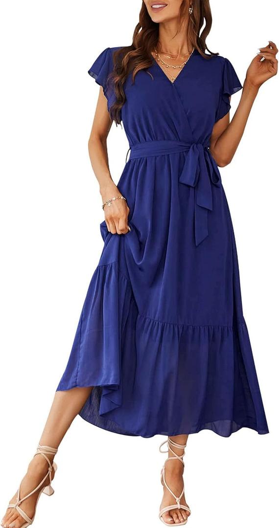 PRETTYGARDEN Women's Summer Floral Boho Maxi Dress Short Sleeve Wrap V Neck Ruffle Long Flowy Beach Wedding Guest Dresses (Medium)