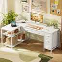 PRAISUN 55 Inch L Shaped Desk with Power Outlets, 5 Fabric Drawers