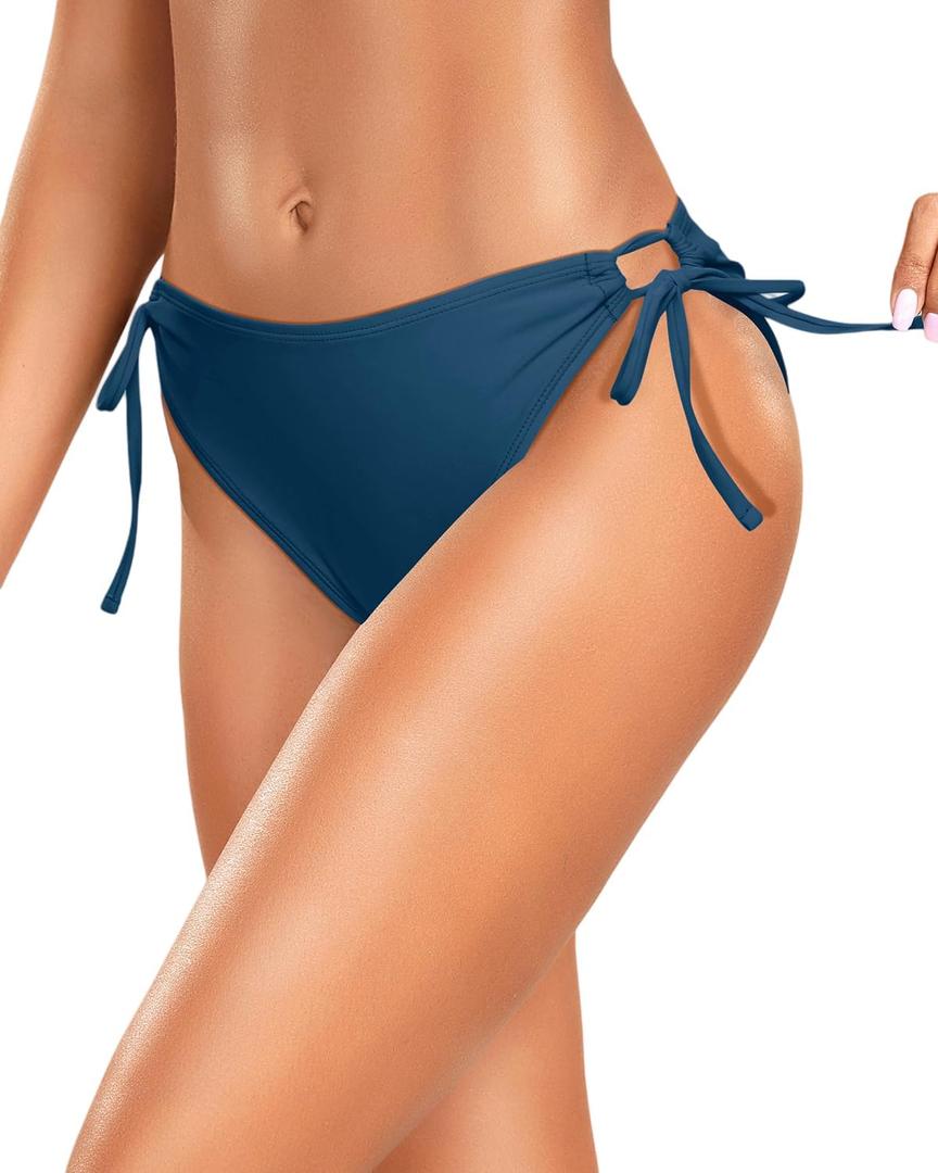 Zmart String Tie Side Bikini Bottoms - Women Full Coverage Swimsuit Bottom Mid Rise Mid Waist Swim Bathing Suit Bottom (Medium, Blue)