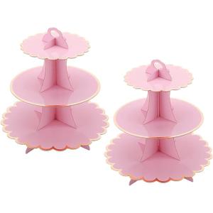 MRPAPA Pink Cardboard Cupcake Stand,2PCS Cup Cake Holder Thick Paper Dessert Tray, 3Tier Round Serving Tray Perfect for Baby Girls Pink and Gold Birthday Baby Shower Party Supplies