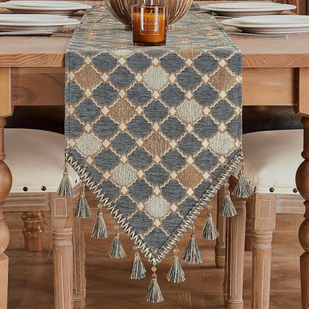 Loom and Mill Elegant Chenille Table Runner 72 inches Long, Chic Checkered Pattern Jacquard Table Runners with Tassels for Dining Room Dresser Party Banquet Decor (Blue-Grey+Khaki+Beige,13x72 inch)