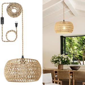 Rattan Boho Hanging Light,12.6'' Natural Hand Woven Fabric Drum Light,Plug Into Wall Outlet Pendant Light Fixture On/Off Switch for Dining,Living Room,Bedroom,Kitchen,Hallway Entryway, Without Bulb
