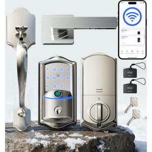 Veise VE027-H Built-in Wi-Fi Fingerprint Smart Deadbolt Lock with Handleset, App Remote & Voice Control, Keyless Entry Front Door Lock Set, Touchscreen Keypad, Auto-Lock, Easy Setup, Satin Nickel