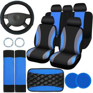 Sinmoe 17 Pcs Car Seat Covers Full Set, Steering Wheel Cover Center Console Pad Armrest Cover Seat Safety Belt Pad Seatbelt Covers Cup Mats Car Emblem Ring Sticker Accessories Set(Black, Blue)
