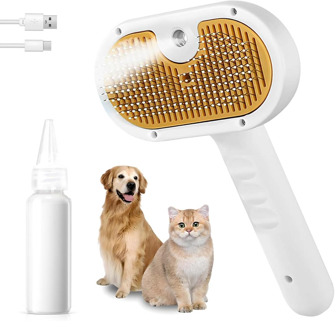 Pet Steam Brush for Dog & Cat  3-in-1 Spray Hair Removal Comb  Steam for Shedding & Grooming  Water Brush for Long & Short Haired Pets  Spritz Defur Comb (7.7-Empty Bottle)