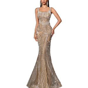 Women's Square Neck Sequin Beaded Mermaid Formal Evening Dress Spaghetti Strap Bodycon Prom Party Cocktail Maxi Gown (Beige, XS)