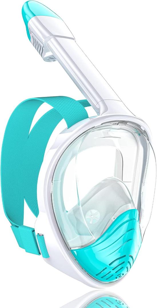 QingSong Full Face Snorkel Mask for Adults, Snorkeling Gear with Camera Mount, 180 Degree Panoramic View Snorkel Set Anti-Fog Anti-Leak (White Blue)