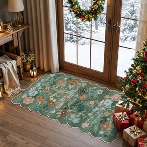 Washable Floral 2x4 Area Rug: Indoor Soft Scalloped Carpet for Entryway Kitchen Non-Slip Water Resistant Bathroom Laundry Floor Mat Low Pile Durable Nursery Door Mat Cute Home Decor(2x4 Floral/Green)