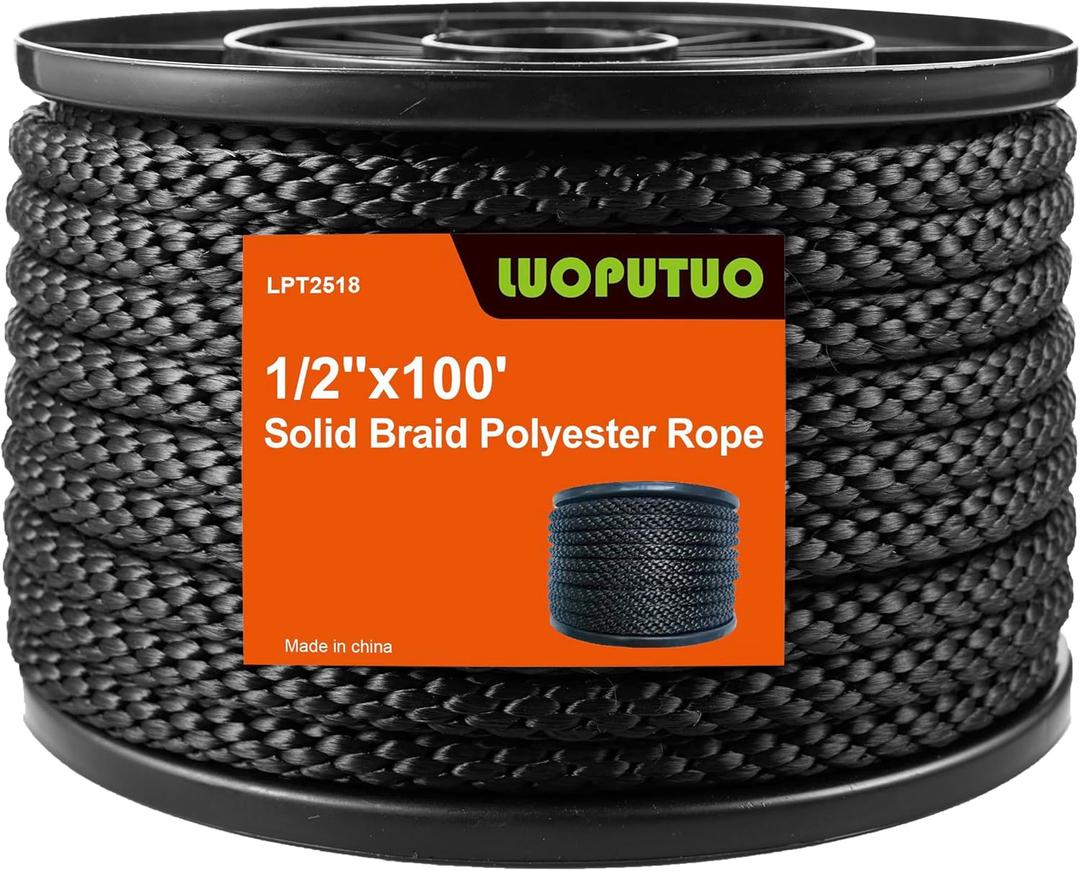 1/2 Inch 100 FT Black Polyester Solid Braid Rope UV & Abrasion Resistant, Low Stretch, Multipurpose for Flagpole Halyard, Clothesline, Camping, and Utility Tasks
