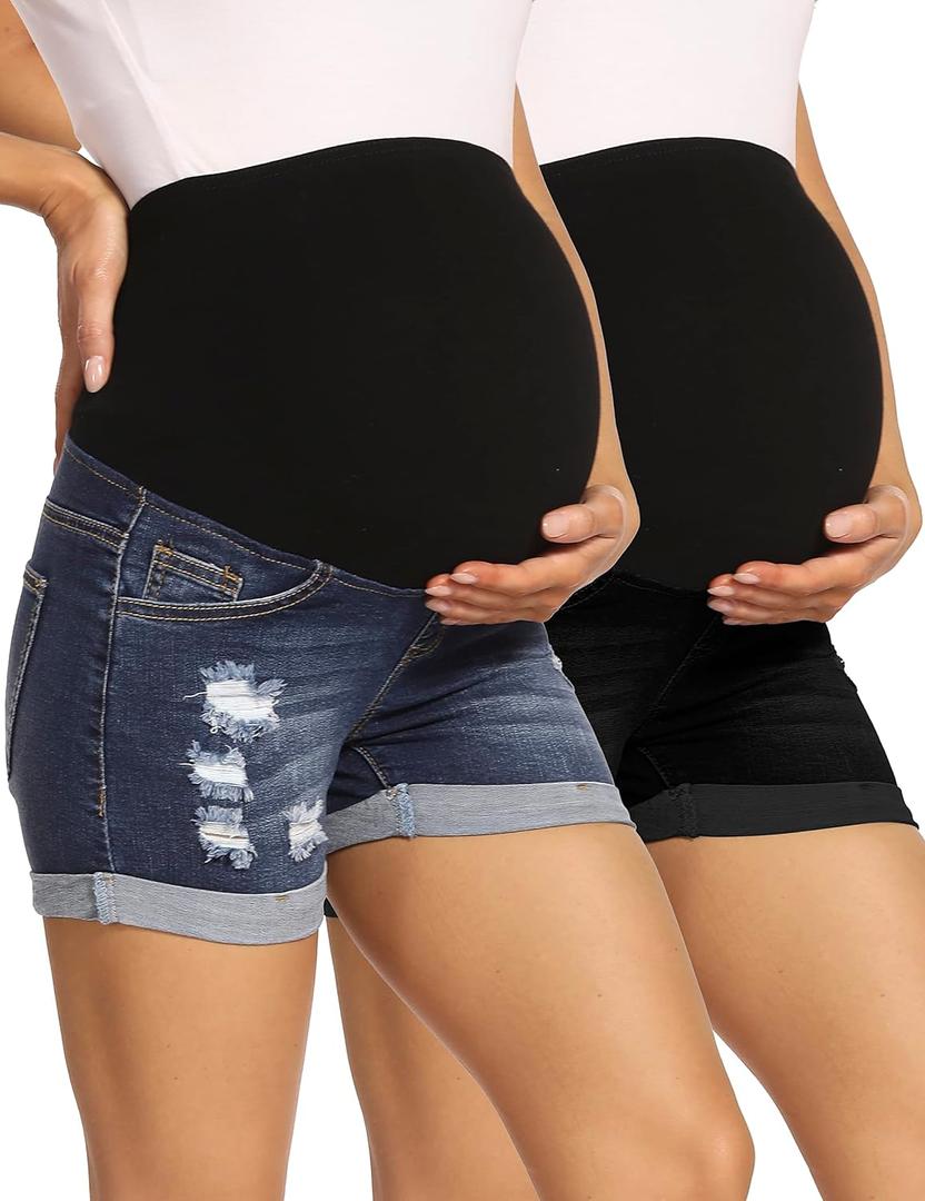V VOCNI Maternity Denim Shorts Women's Summer High Waist Distressed Cuffed Hem Casual Denim Jeans Short (Large)