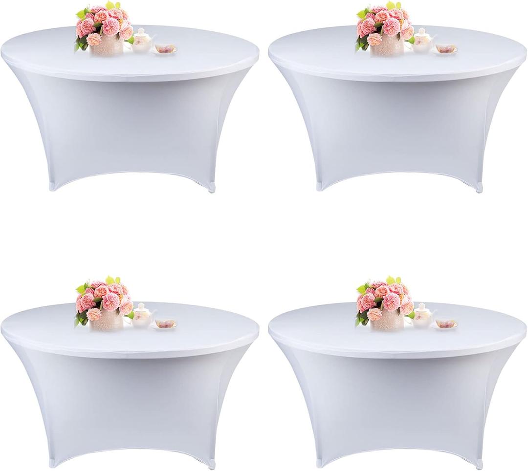4 Pack 6FT Round Spandex Tablecloth 72 Inch White Stretchable Table Cover Washable and Wrinkle Resistant Table Cloth, Fitted Round Table for Wedding, Banquet, Birthday, Party, Restaurant (White)