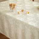 GLORY SEASON Textured Tablecloth Waterproof Spillproof Lace Trim Rectangle Jacquard Fabric Table Cloth, Kitchen Dinning Tabletop Decoration, Round Table Cover for Outdoor Use 60x102 Inch, Ivory White