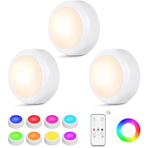 LED Puck Lights with Remote Control, 16 Color Changing Under Cabinet Lighting with Dimmer & Timer, AAA Battery Operated,Under for Closet Bedroom Kitchen, Stair (3 Pack White)