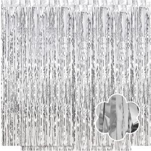 5 Pack Silver Foil Curtain Backdrop 3.2ft x 9.8ft Metallic Tinsel Foil Fringe Curtains Streamer Photo Booth Backdrop for Birthday Party Engagement Bachelorette Party Decorations (Silver)