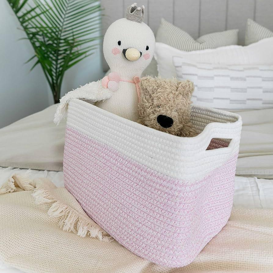 Large Storage Baskets for Shelves, Closet Organizers Bins for Clothes Blanket Towels, Baby Nursery, Toy Baskets Box, Woven Rope Baskets, 17 x 13 x 7.5, 2 Packs Woven Pink