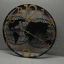 Large World Map Wall Clock, 24 Inch Metal Modern Wall Clock, Golden Big Numerals Battery Operated Vintage Industrial Farmhouse Wall Clocks for Living Room Bedroom Kitchen Home Decor