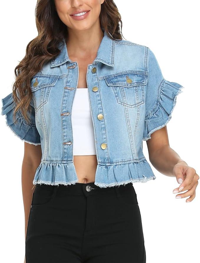 MISS MOLY Women's Denim Jacket Ruffle Sleeve Button Down Distressed Summer Cropped Jean Jackets, Small
