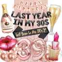 PartyForever 39th Birthday Decorations for Women – Last Year in My 30s Party Set with Sash, 39 Balloons, Champagne Bottle, Lips & Makeup Balloons, Fringe Curtain, Happy Birthday Banner