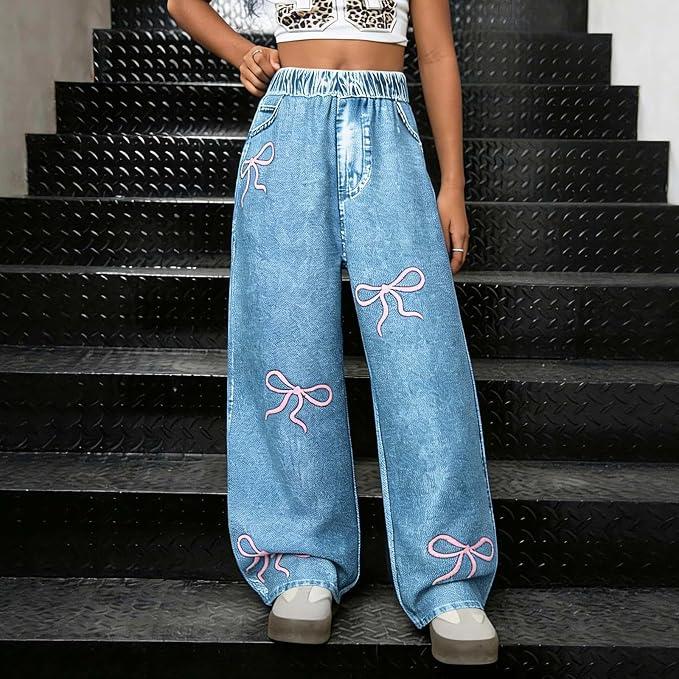 Baby Girl Wide Leg Faux Denim Pants Elastic Waist Embroidery Loose Fit Casual Jeans with Pockets Basic Jeans, 7Y