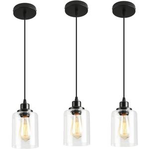 3 Lights Industrial Pendant Light with Glass Shade Matte Black Pendant Lighting Adjustable Industrial Retro Style Hanging Light,Kitchen Island Farmhouse Pendant Lights Fixtures for Kitchen,Farmhouse