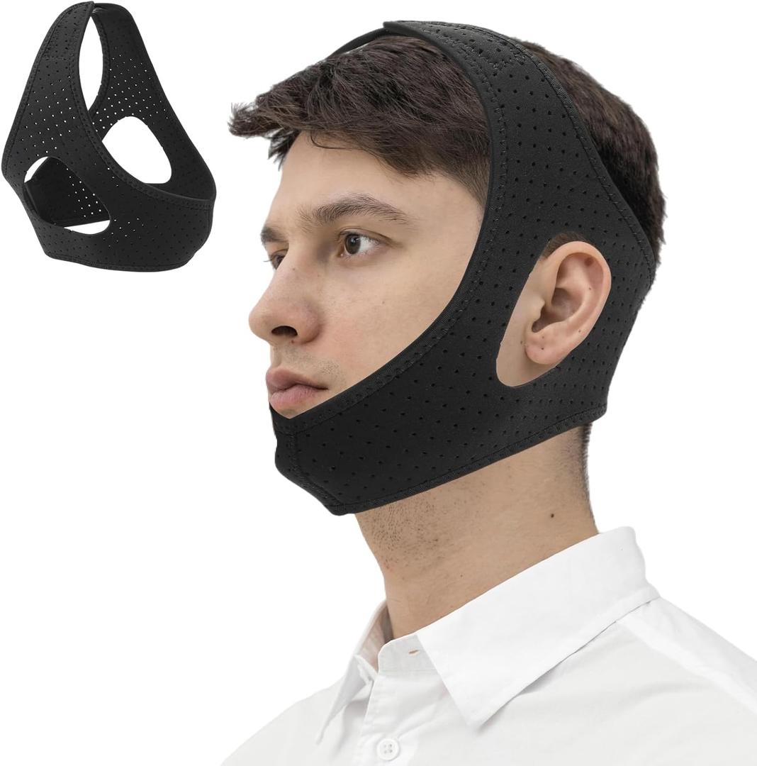 Anti Snore Chin Strap for Men, Adjustable Anti-Snoring Chin Strap, Breathable Sleep Chin Strap to Keep Mouth Closed, Mouth Breathing Corrector & Snoring Solution, Comfortable Sleeping Jaw Strap, Black