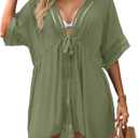 Women Swimsuit Cover Up 3/4 Bell Sleeve Boho Bathing Suit Coverups Hollow Out Kimonos Cardigans for Swimwear, Medium