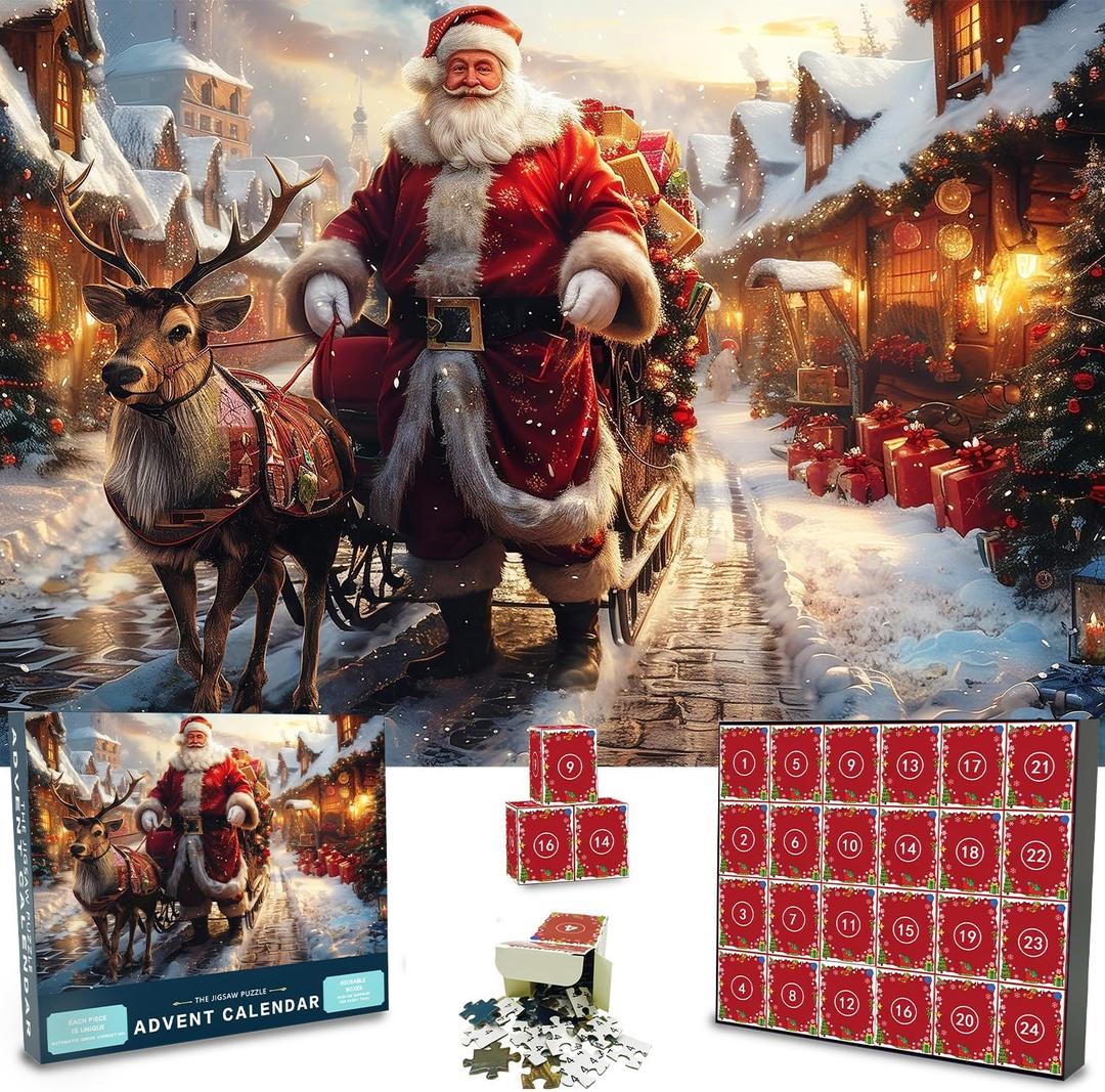 Advent Calendar Jigsaw Puzzles for Kids Adults, 24 Box 1008 Pieces Christmas Santa Claus Puzzle Countdown Calendar, Funny Christmas Game Gift Wall Decor, 20.5 x 29.6 inches