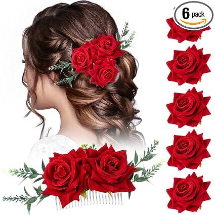 Geyoga Rose Flower Hair Accessories Set for Women - 6 Pcs Hair Clips, Comb, Headpiece, Hairpin, Brooch for Bridal, Wedding, Dancing Party (Red)