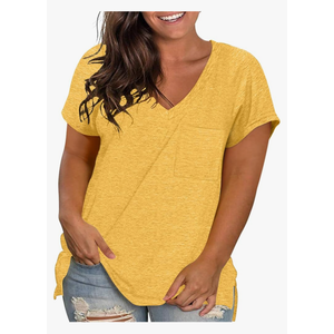 Womens Plus Size T Shirts V Neck Short Sleeve Side Split High Low Tops Casual Summer Tees with Pocket XL-5XL Yellow