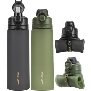 TakeToday Collapsible Water Bottles 21oz (600mL), Foldable Platinum Silicone Travel Water Bottle with Straw & Carry Strap, Leak-Resistant Screw Lid, Wide Mouth, BPA-Free for Hiking, Camping, Travel