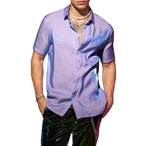 WDIRARA Men's Graphic Print Short Sleeve Tops Stand Collar Button Front Shirt (Large)